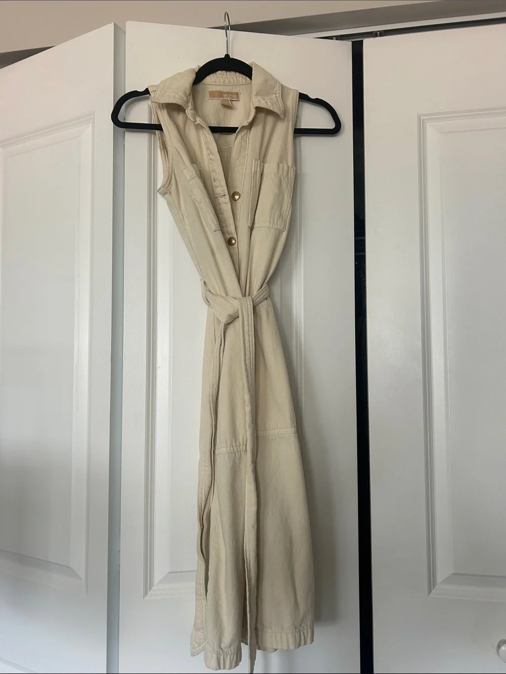 Michael Kors Sleeveless Cream Shirt Maxi Dress with Tie Waist